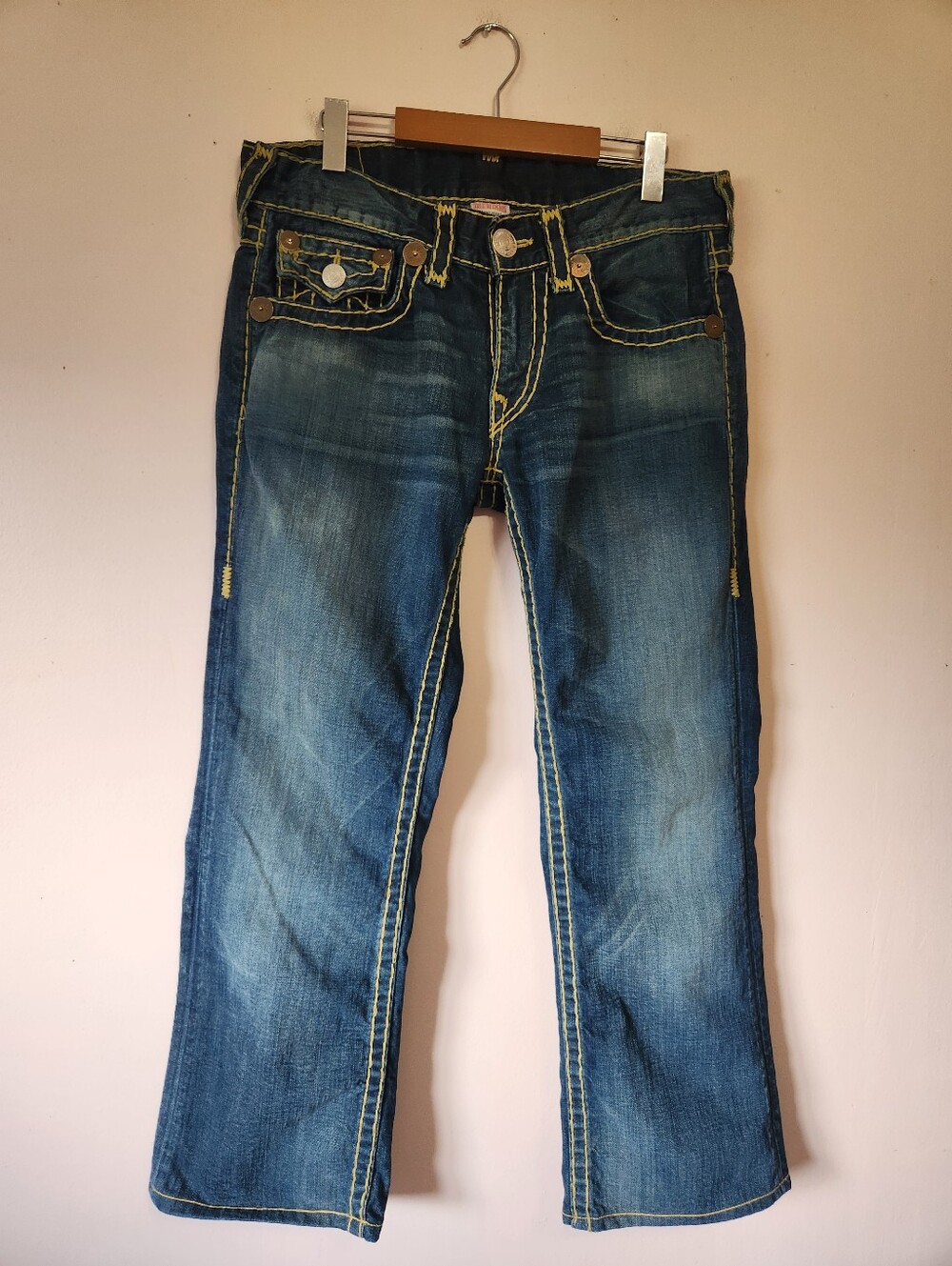 True Religion Billy Super T Jeans Size 31 Y2K Yellow Contrast Stitch USA